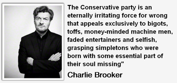 The Conservative party is an eternally irritating force for wrong that appeals exclusively to bigots,  toffs, money-minded machine men,  faded entertainers and selfish,  grasping simpletons who were  born with some essential part of  their soul missing"
